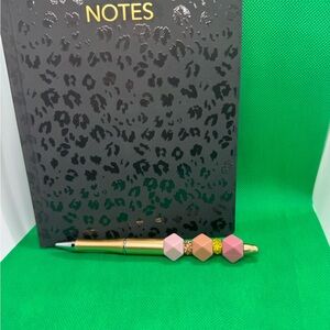 Gold and Pink Beaded Pen with Black Notebook